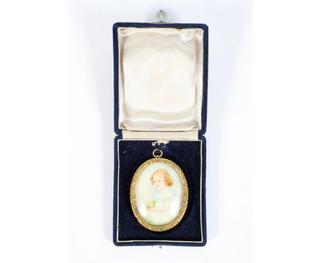 Anne Taylor, portrait miniature of a girl holding a posy, watercolour on ivory, signed and dated 1914 lower right, height 5.7