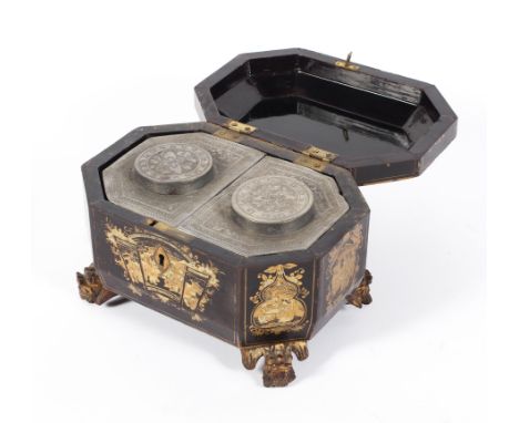 A Chinese Export lacquered tea caddy, circa 1830-50, of canted rectangular form, gilt with chinoiserie figures within cartouc