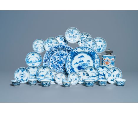 Full title: Eighteen Chinese blue and white saucers, seven cups, two dishes and a tea caddy, Kangxi/QianlongDescription: Dia.