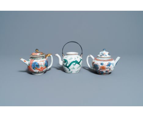 Full title: A Chinese famille verte teapot, an Imari-style teapot and an Amsterdam bont teapot, Kangxi and 19th C.Description