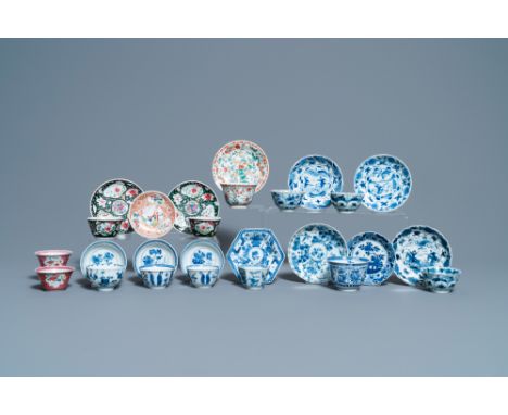 Full title: Thirteen Chinese blue and white, famille rose and famille verte cups and saucers, Kangxi/QianlongDescription: Dia