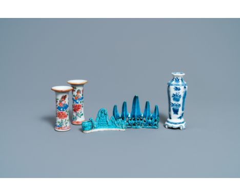 Full title: Three Chinese famille rose and blue and white vases and two turquoise brush rests, Kangxi/QianlongDescription: H.
