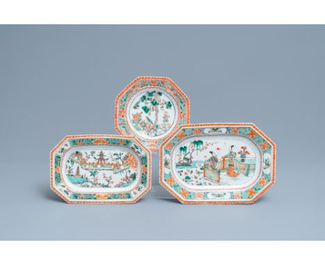 Full title: Three Chinese octagonal famille verte dishes, KangxiDescription: Dim.: 36,5 x 26 cm (the largest)L.: 25,5 cm (the