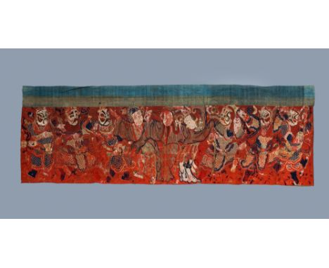 Full title: A large Chinese horizontal embroidered red-ground textile panel, 19th C.Description: Dim.: approx. 350 x 96 cmInf