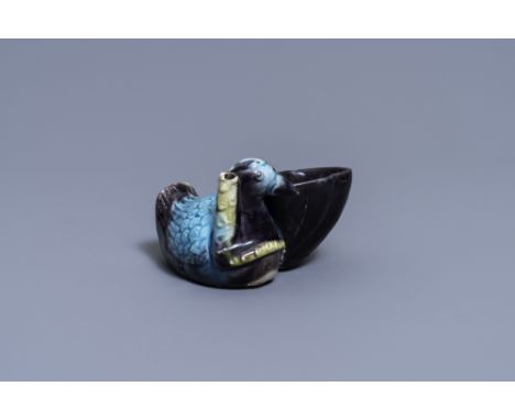 Full title: A Chinese aubergine- and turquoise-glazed duck and lotus-shaped water dropper, KangxiDescription: L.: 8,5 cm - H.