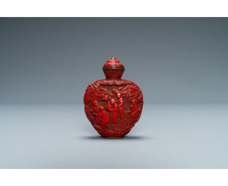 Full title: A Chinese carved red cinnabar lacquer 'boys at play' snuff bottle, imperial workshops, Qianlong/JiaqingDescriptio