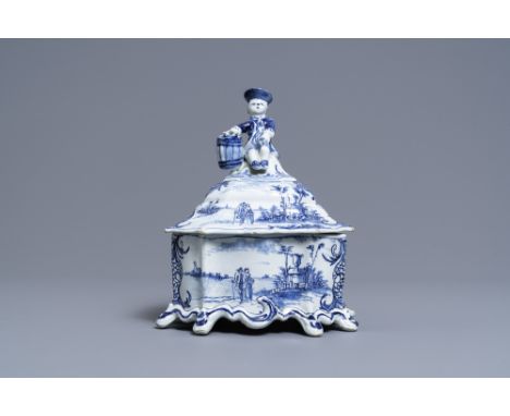 Full title: A Dutch Delft blue and white tobacco box and cover with a boy near a barrel, 18th C.Description: H.: 18 cmÊ  Mark