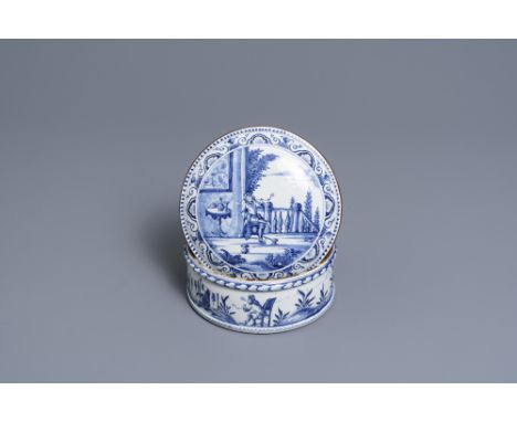 Full title: A round Dutch Delft blue and white box and cover with tobacco harvesting scenes, 18th C.Description: Dia.: 17 cm 
