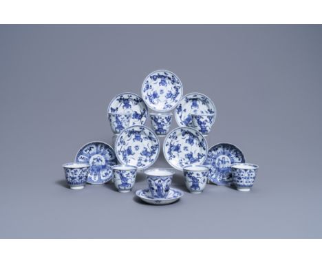 Full title: Eight Chinese blue and white cups and saucers, KangxiDescription: Dia.: 14 cm (the largest saucers)H.: 7,5 cm - D