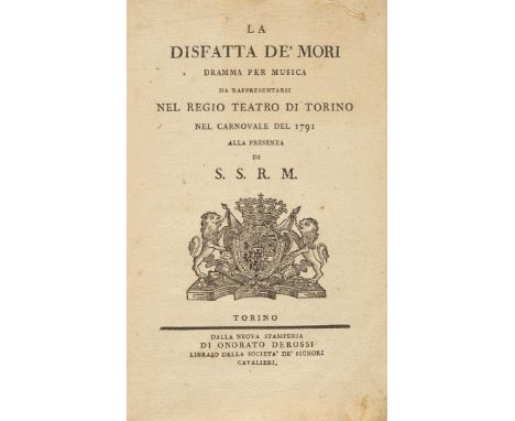 [Savoia]. Boggio, Giandomenico. La disfatta de' Mori. Torino, Onorato Derossi, [1790 o 1791]. In 8° (168 x 110 mm); VIII, 54 
