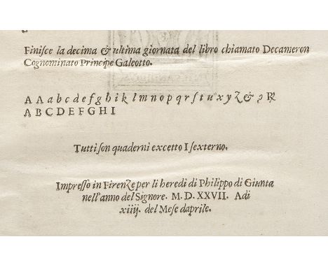 [Contraffazione]. Boccaccio, Giovanni. Il Decamerone. Firenze, eredi di Filippo Giunta, 1527 [ma Venezia, Stefano Orlandelli,