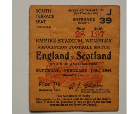 Rare ticket for this match played 19th Feb 1944
Condition : folds