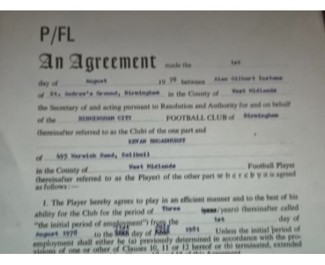 Rare original &amp; signed Birmingham City players contract for Kevin Broadhurst dated 1981.&nbsp;