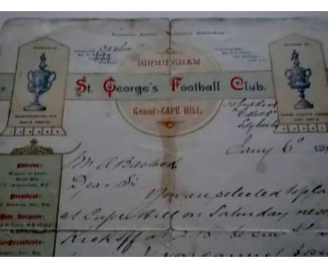 This is a very rare letter from St Georges FC telling A.Bostock that he is selected to play. Letter is from 1892 which was th