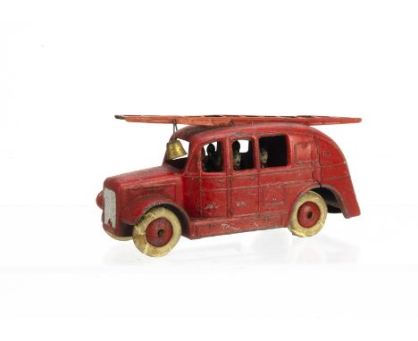 A Pre-War Dinky Toys 25k Streamlined Fire Engine, red body, tinplate base, six firemen, ladder, bell, white tyres, F, off-sid