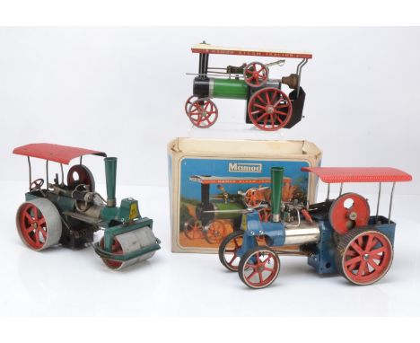 Three Live Steam Road Engines by Wilesco and Mamod, Wilesco 'Old Smoky' traction engine in blue/red with green chimney, rubbe