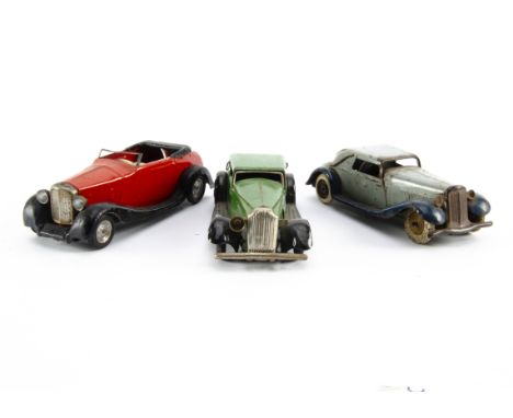 Tri-ang Minic Tinplate Clockwork Cars, 6M pre-war Cabriolet, with light blue body, mid blue wheel guards and petrol can, lack