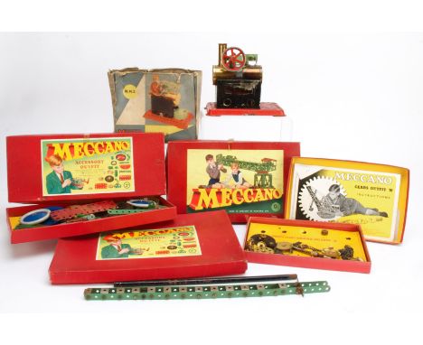 Meccano Set 0 and various Accessory Sets and  Mamod Stationary Steam Engine Set 0, Gears Outfit B, Accessory Outfit 2A and 3A