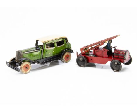Early Wells Brimtoy Tinplate Clockwork Fire Escape, 1920s-30s, with extending two piece ladder, Fireman driver, black wheels,