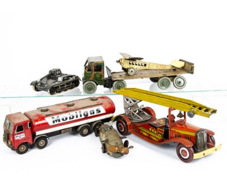 Playworn Tinplate Toys, Mettoy clockwork Fire Engine, Japanese friction drive 'Mobilgas' Tanker Truck, Gescha clockwork 6-56 