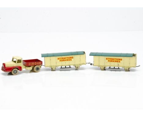 A JRD No 124 Unic Izoard Circus Tractor  and Trailer Set, cream/red tractor unit, cream trailers with green removable tin roo