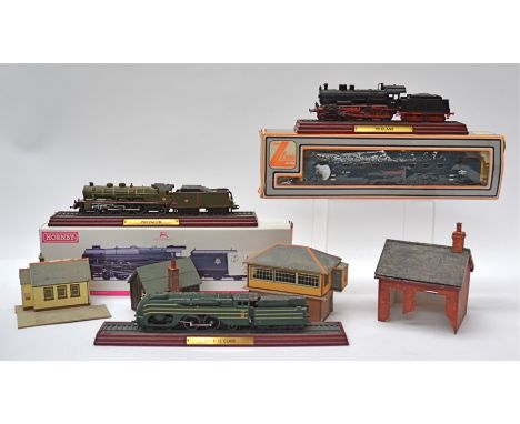 Hornby and Lima 00 Gauge Locomotives various card and wood buildings and Atlas Static Models, Hornby R2628 BR black Royal Sco