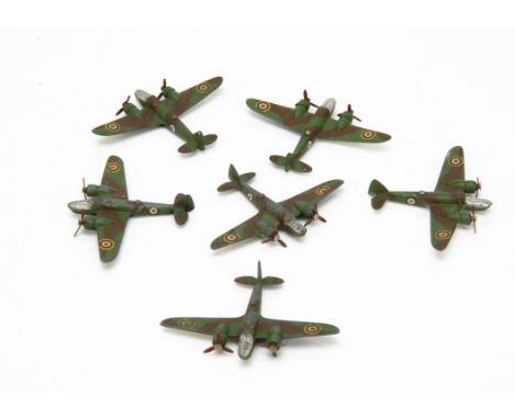 Pre-War Dinky Toys 62d Bristol Blenheim Bomber Set, six planes, camouflaged tops, black/white undersides, RAF roundels, one P