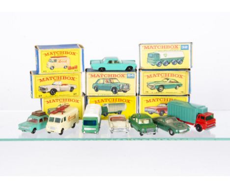 Matchbox Lesney 1-75 Series, 31 Lincoln Continental, 56 Fiat 1500, 44 Refrigerator Truck, 75 Ferrari Berlinetta, 64 MG 1100, 