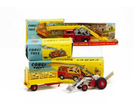 Corgi Toy Farm Vehicles, 57 Massey-Ferguson 65 Tractor with Fork, 58 Beast Carrier with four animals, netting and card base, 