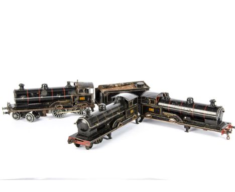 Incomplete Bing 'George the Fifth' O Gauge 4-4-0 Locomotive Parts, three loco bodies in LNWR black, one clockwork body fitted