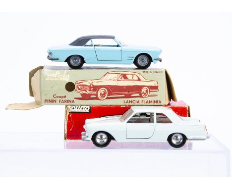 Solido No 133 Fiat 2300S Cabriolet Ghia, light blue body, brown interior, grey roof, spun hubs, No 121 Lancia Flaminia, white