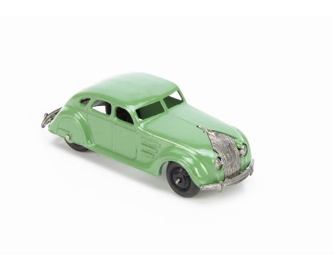 A Dinky Toys 30a Chrysler Airflow Saloon, green body, black ridged hubs, E, a few minute chips