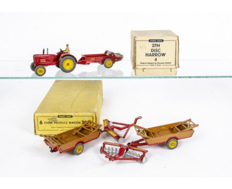 Dinky Toy Farm Models, 27h Disc Harrow trade box containing two examples, loose Massey-Harris Tractor, Manure Spreader, Hales