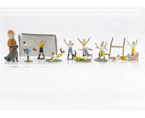 Heyde Germany 30mm scale sportsmen comprising footballers (6) with net, rugby players (5) with one set of posts, miniature pi