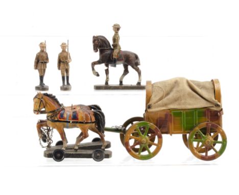 Hausser Elastolin 70mm scale tinplate horse-drawn British Army wagon with driver,  VG, with 60mm scale mounted officer and me
