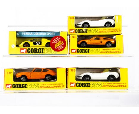 Corgi Toys With Whizzwheels, 372 Lancia Fulvia Sport Zagato, 380 Alfa-Romeo Pinin Farina P 33 (2), differing wheels, 388 Merc