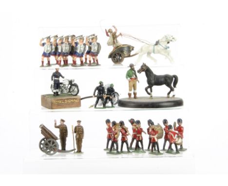 A selection of figures by English minor makers comprising Crescent Toys 5 pc set 607 Scots Greys,  box lid repaired, Crescent