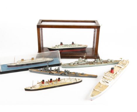 1/1200 Scale and Larger Naval and Merchant Waterline Models, a group of six includes Queen Mary ( constructed from a Bassett 