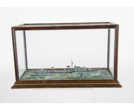 HMS Lookout in Glass Display Case, a hand crafted on a wooden hull 1:1250 scale or similar by Ron Hughes,  18cm long, G-E, Ca