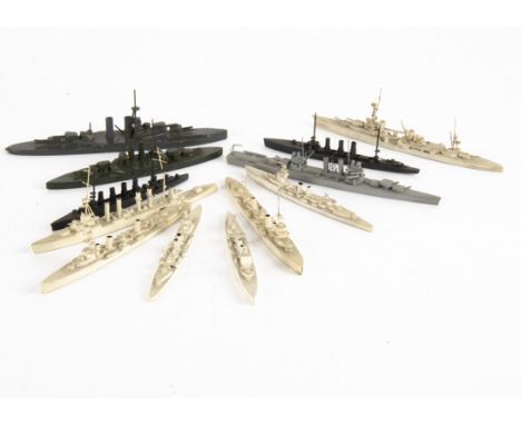 1/1200 Scale Naval Waterline Models, a collection of thirteen larger vessels all unmarked, some with minor damage, F-G, (13)