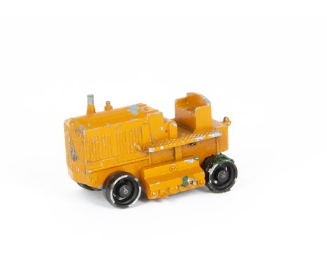 Early Moko Lesney Mechanical Heavy Tractor, orange body, black wheels, clockwork motor, F, lacks rubber tracks and driver