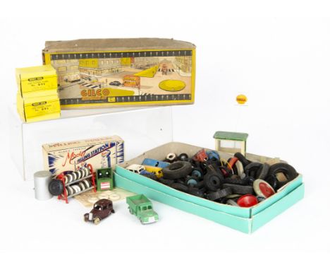 Wardie Product Esso Filling Station, Gilco Traffic Sign Set No 2, Dinky Toys One Dozen Tyres No 093 (2), in original boxes, D