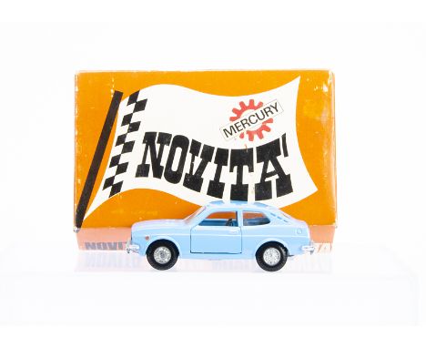 A Mercury Art 315 'Novita' Fiat 128 Coupe 1300 SL, light blue body, black interior, bare metal hubs, in original hinged lid c