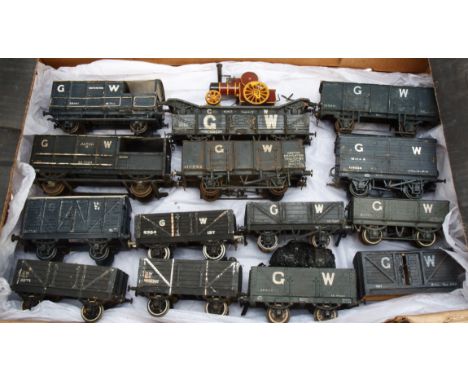 Kit or Scratch-built wooden O Gauge GWR Freight Stock, with various wheel types, including two 'Toad' brake vans, Loriot C wi