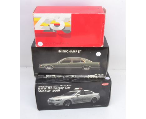 Kyosho and Minichamps 1/18 Scale BMW Models, a boxed trio comprising Kyosho 08593GP M5 Safety Car Moto GP 2005 (some bubbling