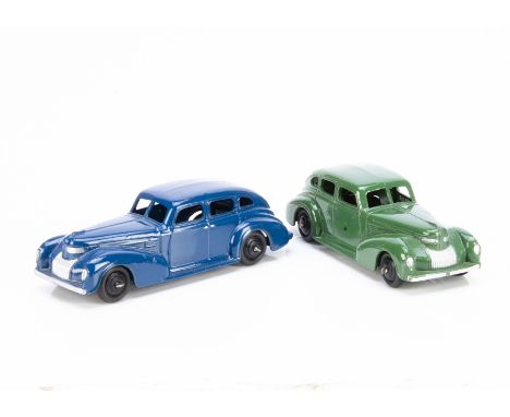 Dinky Toys 39e Chrysler Royal Sedan, two examples, first dark blue body, black ridged hubs, second green body, black ridged h