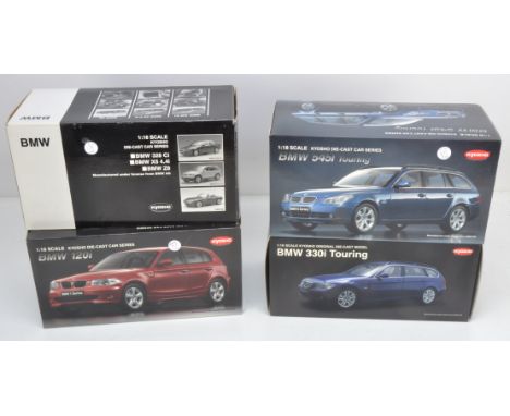 Kyosho 1/18 Scale BMW Models, a boxed group of four comprising 08511R Z8 in red livery (with packaged canopy), 08592BL 545i T