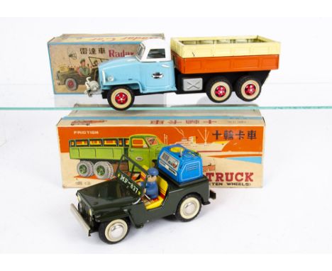 Chinese Tinplate GMC Type Ten Wheel Truck MF768, friction drive motor, light blue cab, white roof, orange/cream back, red hub