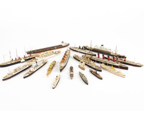 1/1200 Scale Merchant Ship Waterline Models, all unmarked includes Lusitania, Nestor, Transylvania, World Soya, Otranto, Hosp