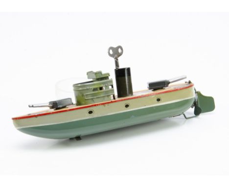 1930s Arnold Tinplate Clockwork Warship, green/grey hull, detailed tinprinted deck, single funnel, two gun turrets, K Arnold 